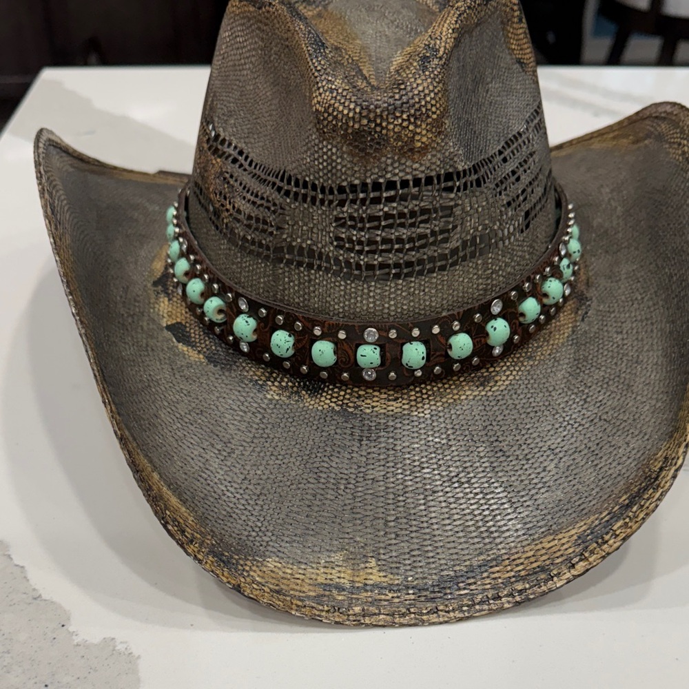 Rustic Brown Cowboy Hat with Turquoise Beads - Picture 6 of 6
